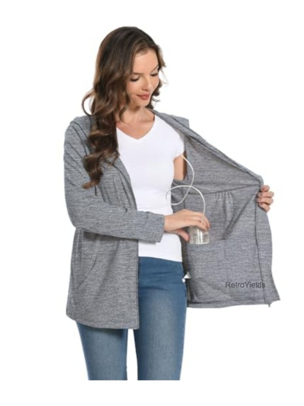 Mastectomy Hoodie with Drain Pockets Women Zip Front Recovery Shirt Long Sleeve